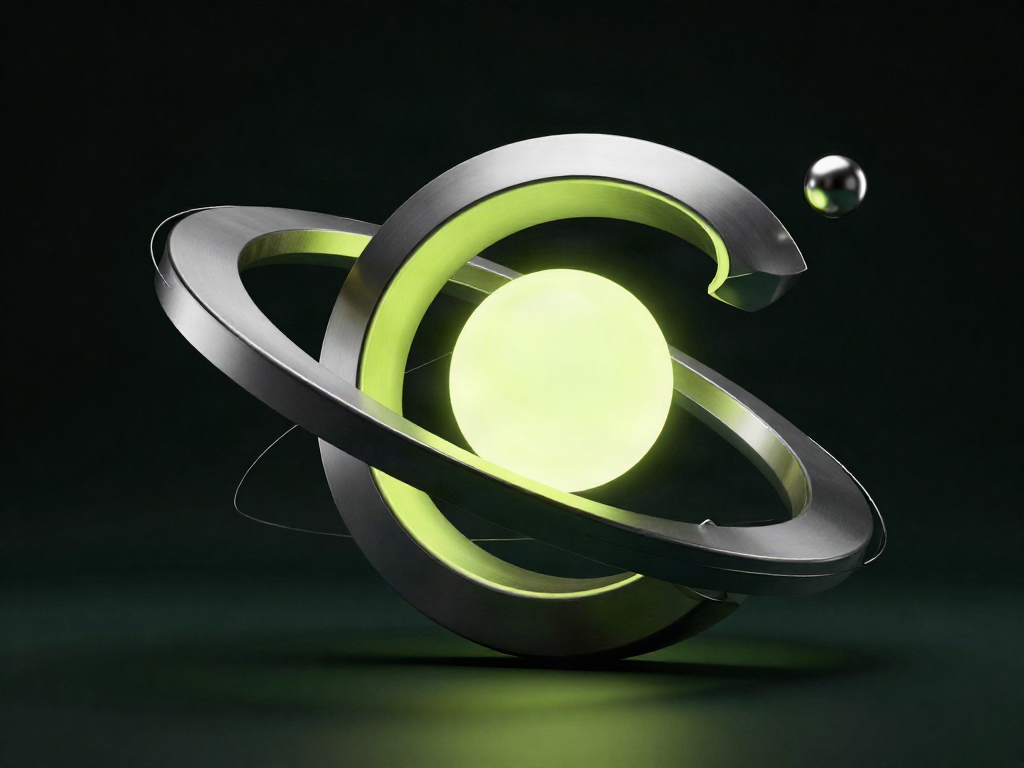 A luminous lime sphere within a sculptural silver orbit, representing strategic focus and direction