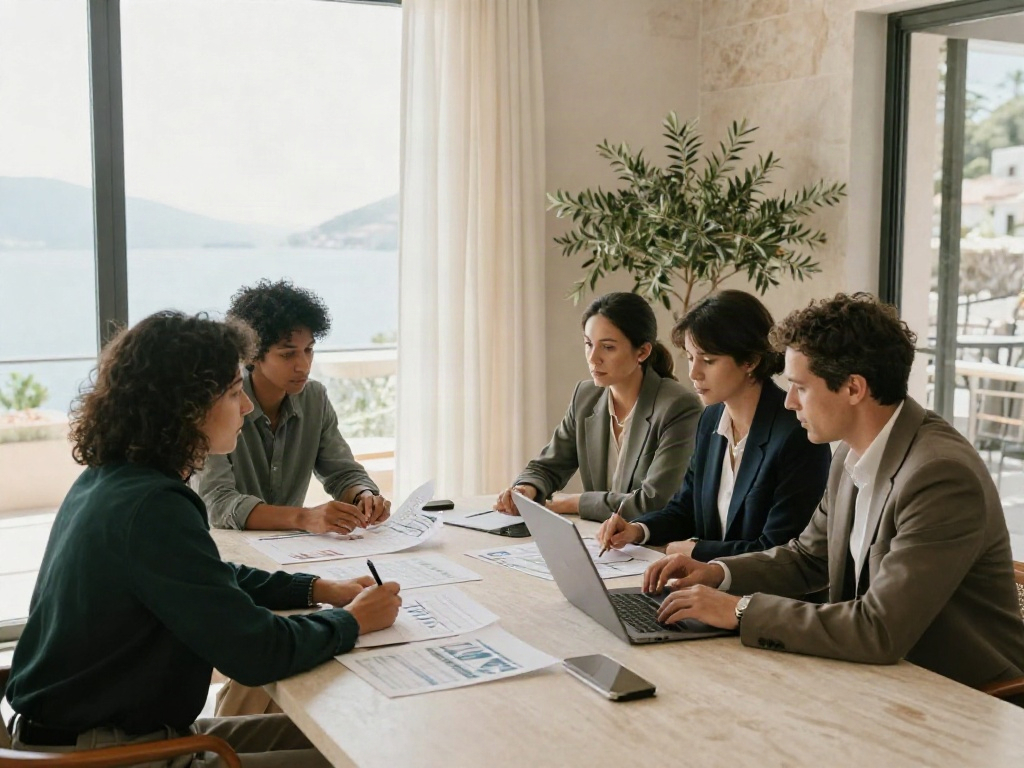 Professionals examining performance charts together in a focused business strategy session